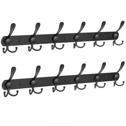 YUNISS Coat Rack Wall Mounted，6 Tri Stainless Steel Coat Hook for Coat Hat Robes Towel in Mudroom Entryway (Black, 2 Pack 6) - color: Black, size: 2 Pack 6