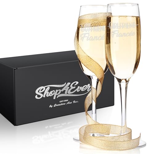 Boyfriend To Fiance & Girlfriend To Fiancee Champagne Flutes 8 Oz Set Of 2 | Engraved Champagne Glasses, His And Hers Set, Couples Present, Engagement Gift, Wedding Idea, Anniversary, Mr And Mrs