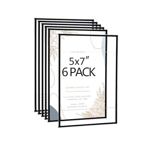 Acrylic Picture Frames 5x7 Set of 6,Black Photo Frames Collage Wall Decor,No Drilling 5x7 Floating Hanging Picture Frames for Home, School, Office - Black Color - color: Black, size: 5x7"