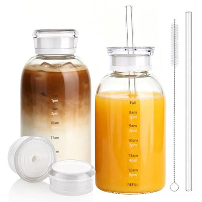 Glass Water Bottles with Lids, 15oz Juice Bottles, Glass Bottles with Straws and Time Marker, Reusable Water Bottle, Leak Proof Drinking Jars for Smoothies, Juicing, Milk,Bubble Tea - size: 15oz