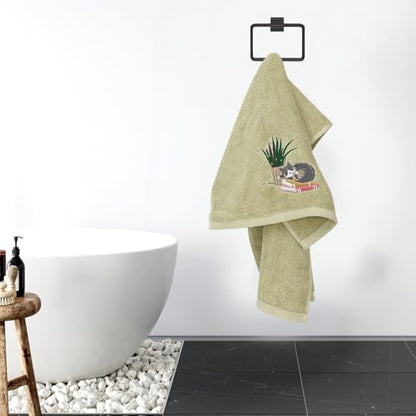 FYSUIMU 3 Pack Cat Hand Towels Green Plant Kitten Embroidered Absorbent Bath Hand Face Towel for Bathroom Hand Drying Kitchen Cleaning Towel Gift Set, 29.5 x 13.7 Inch