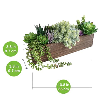 Winlyn 15" Assorted Artificial Succulent Arrangement Assorted Succulents in Rectangular Wooden Planter Faux Potted Plant for Farmhouse Table Centerpiece Windowsill Shelf Desk Mantel Greenery Décor