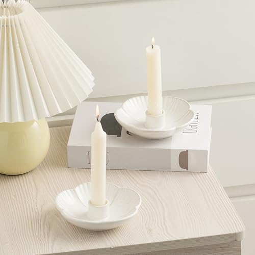 Ceramic Taper Candle Holder, 4.72 in Polished Round Base Tray | Use with incense or palo santo to create a calm tabletop setting for dinners, meditation or seasonal displays. - color: White