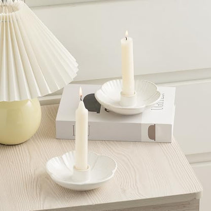 Ceramic Taper Candle Holder, 4.72 in Polished Round Base Tray | Use with incense or palo santo to create a calm tabletop setting for dinners, meditation or seasonal displays. - color: White