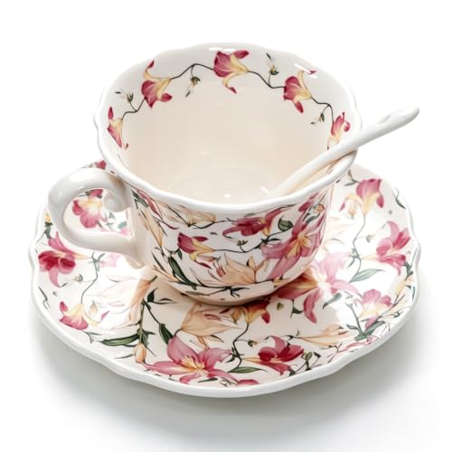 Bone China Tea Cup and Saucer Set with Spoon, 8.8 oz Vintage Floral Teacup, Elegant British-Style Coffee Cup, Hand Wash Only, Gift for Women, Mom, Birthday and Christmas - color: Red Floral