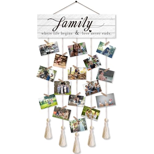 Photo Wall Display,Collage Picture Frame,Clip Photo Holders for Wall,Wooden Hanging Photo Display with 16 Clips 5 Strings,Family Where Life Begins and Love Never Ends Sign Wall Decor - color: Family Where Life