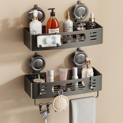Voldra Shower Caddy Suction Cup, Shower Shelves for Inside Shower No Drilling, Aluminum Suction Showers Organizer for Wall with Towel Bar & Hooks Removable Bathroom Storage Rack(2 Pack-Gray) - color: Grey-Rectangle, size: 2 Pack