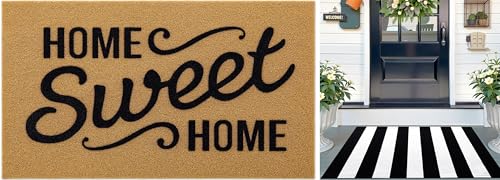 OLANLY Black and White Striped Rug 27.5"x43" and Home Sweet Home Door Mat 30"x17" Bundle, Washable Cotton Layered Front Porch Decor Set for Entryway, Kitchen, Patio Indoor Outdoor