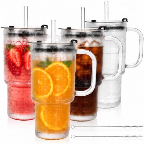 4 Pack Glass Tumblers, 17 Oz Drinking Glass Mugs | Reusable Iced Coffee Cups with Handle, Lid, Straw and Brush, Diamond Pattern Mugs for Cold Hot Beverages Smoothies