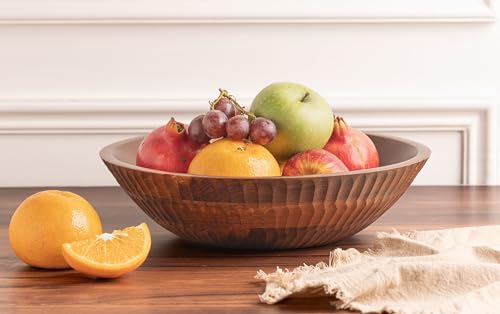 12" x 4" Wood bowl with hand carved pattern | 4.3 quarts capacity | wooden bowl for food, serving salads, pasta, cereal or popcorn | kitchen counter centerpiece bowl for fruits |