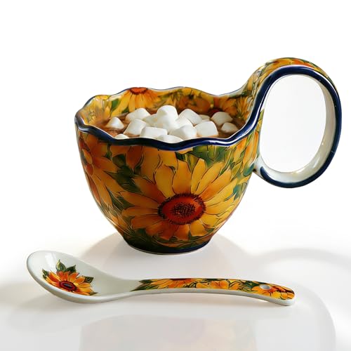 Sunflower Pattern Ceramic Soup Bowls with Handles - Decorative Soup Bowl Set for Breakfast Cereal/Yogurt (Including Spoon)
