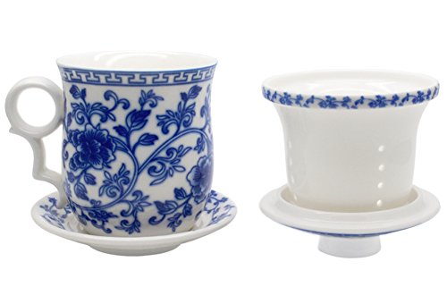 Porcelain Tea Cup with Infuser Lid and Saucer Sets - Chinese Jingdezhen Ceramics Coffee Mug Teacup Loose Leaf Tea Brewing System for Home Office - color: Wealth Blue and White
