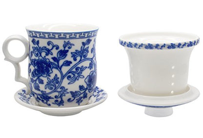 Porcelain Tea Cup with Infuser Lid and Saucer Sets - Chinese Jingdezhen Ceramics Coffee Mug Teacup Loose Leaf Tea Brewing System for Home Office - color: Wealth Blue and White