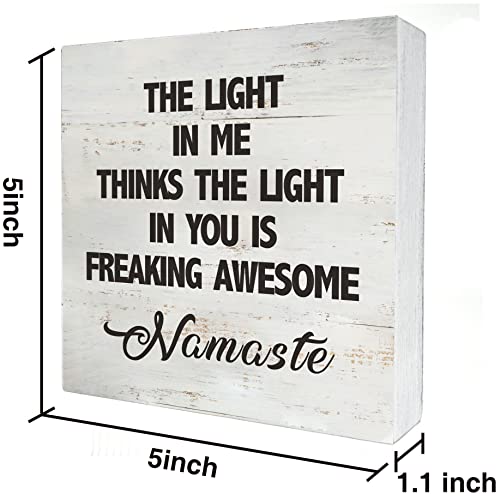 Namaste Quote the Light in Me Thinks the Light in You Wood Box Sign Rusitc Wooden Box Sign Yoga Meditation Room Desk Shelf Decor (5 X 5 Inch) - color: Brown