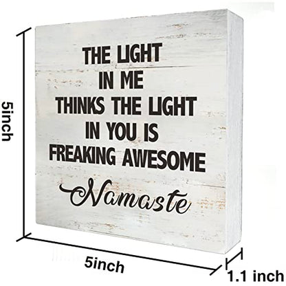 Namaste Quote the Light in Me Thinks the Light in You Wood Box Sign Rusitc Wooden Box Sign Yoga Meditation Room Desk Shelf Decor (5 X 5 Inch) - color: Brown