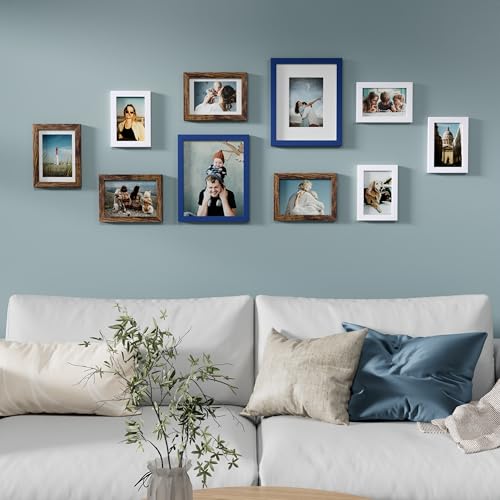 Vittanly 10 Pack Gallery Wall Frame Set, Blue, Brown, White | Gallery Wall Frame Set: 2pcs 8x10, 4pcs 5x7 & 4pcs 4x6 Photos for Wall & Table, Picture Frames made of Engineered Wood - color: Blue & Brown & White