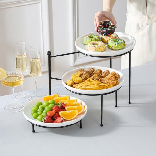 MALACASA Round 3 Tier Serving Tray, 10 Inch White Porcelain Dessert Stand | Round White Porcelain Trays with Black Metal Rack for Cupcakes, Cakes, Fruit and Appetizers, Removable, Dishwasher Safe - color: White