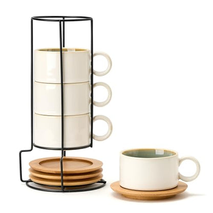 LUKA 6 Ounce Porcelain Stackable Espresso Cups with Saucers and Metal Stand Set of 4, Ceramic Cappuccino Cups Set for Specialty Coffee Drinks, Latte, Cafe Mocha and Tea, White Green Interior - color: White-Green