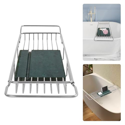Bathtub Tray Caddy for Luxury Bath, 26.8-35.4in Expandable Bathtub Tray with Raised Guardrail and Deep Groove, 44.09 lbs Capacity, for Toiletries, Tablets, Kitchen Sink Fruits (Silver, Green) - color: Silver, Green