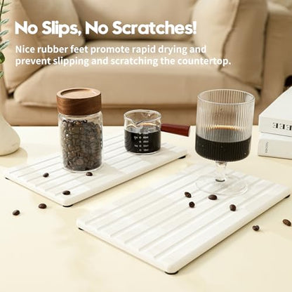 2PCS Water Absorbing Stone Drying Tray Mat for Bathroom Sink & Kitchen Counter Organizer, Quick Dry Dish Soap Dispenser Sponge Holder, Vanity Sink Caddy, Drink Bar Coaster, White - 10"*6" - color: 2pack-10"x 6" - White