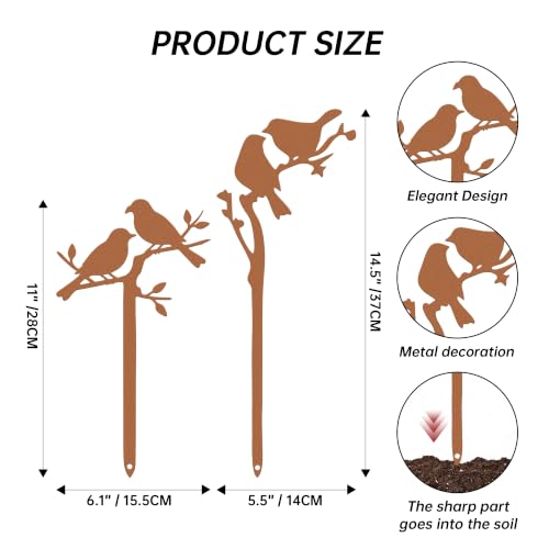Metal Birds Garden Stake Set 2, 14.6 Inches | Rustproof Metal With Faux Rust, For Lawn, Flower Beds, Planters, Indoor Pots, Bird Silhouette Design