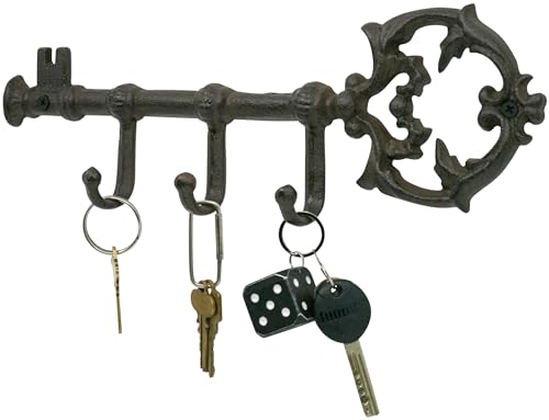 Stephanie Imports Rustic Cast Iron Large Key-Shaped Holder with 3 Key Hooks for Wall Mount (Rustic Bronze) - color: Rustic Bronze