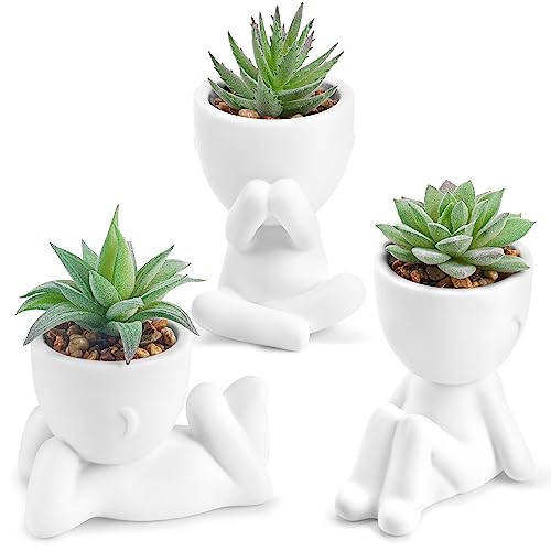 Der Rose 3 Pack Fake Succulents in White Human-Shaped Pots for Desk Decor | Playful sculptural poses，high-quality，odorless plastic，cute plants for bathroom office desk shelf bedroom decor - color: White
