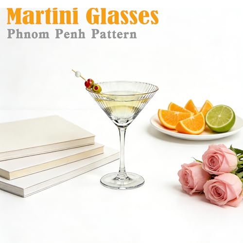 4 Pcs Gold Rim Martini Glasses with Stem and Fruit Picks 9 oz Reusable Crystal Glassware Ribbed Coupe Glasses for Tequila Margarita Champagne Cocktail Wedding Housewarming Girls Nights Gifts