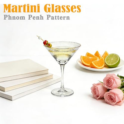 4 Pcs Gold Rim Martini Glasses with Stem and Fruit Picks 9 oz Reusable Crystal Glassware Ribbed Coupe Glasses for Tequila Margarita Champagne Cocktail Wedding Housewarming Girls Nights Gifts