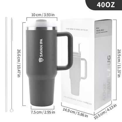 Insulated Tumbler, Gray, 40 oz | Stainless Steel Vacuum, Handle and Straw, Leak Resistant Lid, Fits Car Cup Holder - color: CHARCOL, size: 40 oz