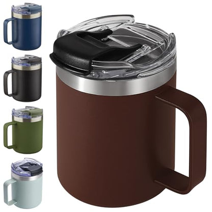 12oz Insulated Travel Coffee Mug with Handle, Nut Brown | Stainless Steel Coffee Tumbler with Lid, Double Wall Vacuum Thermal Cup for Camping - color: Nut Brown, size: 1 Count (Pack of 1)