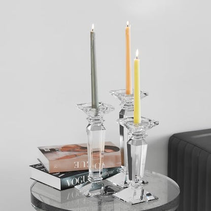 Kitcom Crystal Candlestick Holders Hand Cut Crystal Taper/Pillar Candle Holders, Table Centerpieces for Party Wedding Banquet Decorations Set of 3, Comes with Gift Box(11.6''/10.4''/9.3'' Tall)