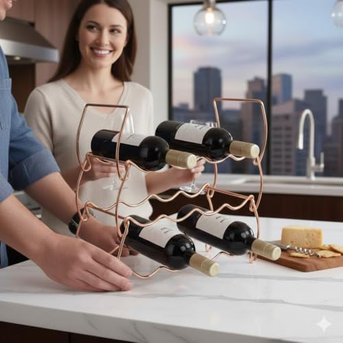 3-Tier Countertop Wine Rack, 12-Bottle Metal Liquor Display Shelf | Stackable 3-Tier Metal Wine Rack for Home Bar, Kitchen Cabinet, Countertops & Pantry - color: Rose Gold