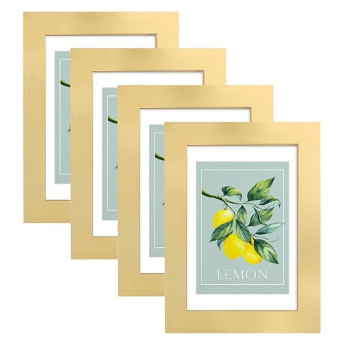 Hongkee 4x6 Picture Frame (4 Pack, Gold), Made of Real Glass and Wooden Frame - Display Pictures 3.5x5 with Mat or 4x6 Without Mat, 4 by 6 Photo Frames TableTop Display and Wall Mounting - color: Gold, size: 4x6 in