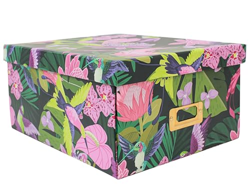 Decorative Storage Box with Lid, Cardboard Paperboard Keepsake box, Green, Foldable, Tropical Floral with Hummingbirds, Photo Storage Box for Memory, Home Decor, Wool Organizer - color: TROPICAL