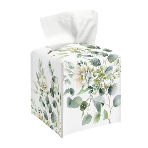 Leaves and Flowers Tissue Box Cover, Watercolor Green Tissue Holder - color: Leaves-1