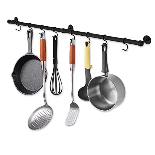 ROTHLEY Hanging Pot Rack Hanger: 39.4 Inch Stainless Steel Pot and Pan Hanger Pot Rack Wall Mounted Hanging Pots and Pans Rack Pot Hangers for Kitchen Utensil Rail with Hooks (Matt Black - color: Matte Black, size: 39.4 inch