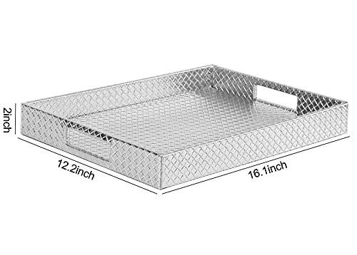 HofferRuffer Rectangle Serving Tray with Hole Handles for Coffee Table, Breakfast, Tea, Food, Butler - Countertop, Kitchen, Vanity Serve Tray, 16.2 x 12.2 x 2 inches, Faux Leather (Silver) - color: Silver
