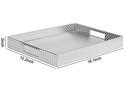 HofferRuffer Rectangle Serving Tray with Hole Handles for Coffee Table, Breakfast, Tea, Food, Butler - Countertop, Kitchen, Vanity Serve Tray, 16.2 x 12.2 x 2 inches, Faux Leather (Silver) - color: Silver