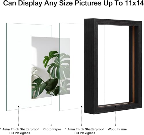 Egofine 11x14 Floating Frames Set of 4, Double Plexiglass Picture Frame, Made of Solid Wood Display Any Size Photo up to 11x14, Wall Mount or Tabletop Standing, Faded Black - color: Faded Black, size: 11x14 Set of 4