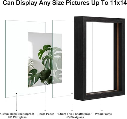 Egofine 11x14 Floating Frames Set of 4, Double Plexiglass Picture Frame, Made of Solid Wood Display Any Size Photo up to 11x14, Wall Mount or Tabletop Standing, Faded Black - color: Faded Black, size: 11x14 Set of 4