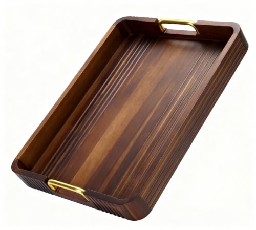 Acacia Wood Serving Tray with Metal Handles, 17x13in, Decorative Coffee Table Tray & Ottoman Tray, Anti-Slip Pads, Dark Wood Tray for Breakfast in Bed, Bar Tray, Gift Box - color: Dark Acacia / Gold Handle, size: 17” × 13” × 2”