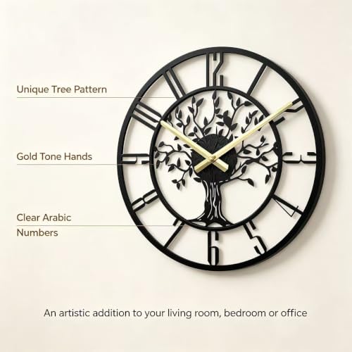Wall Clock for Living Room Decor 14 inch Tree of Life Metal Wall Art, Non-Ticking Battery Operated Metal Black for Office/Bedroom/Kitchen/Dining Room Decoration - size: B 14 Inch