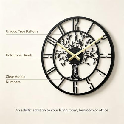 Wall Clock for Living Room Decor 14 inch Tree of Life Metal Wall Art, Non-Ticking Battery Operated Metal Black for Office/Bedroom/Kitchen/Dining Room Decoration - size: B 14 Inch
