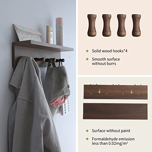 Entryway Coat Rack Hooks with Shelf, Sturdy Wooden Floating WallOrganizer Shelf with 4 Hooks siutable for Entrance, Mudroom, Kitchen, Bathroom,.etc(Walnut Finish) - color: Walnut Finish