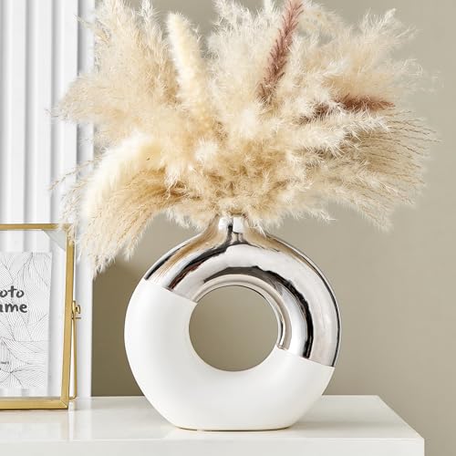 FJS White and Silver Decorative Vase, Round Centerpiece for Table Decor | Ceramic White and Silver Vase for Pampas Grass, 8"L x 8"H Round Centerpiece for Living Room Decor, Coffee Table, Shelf Decor - color: White & Silver, size: Large(8" L x 8" H)