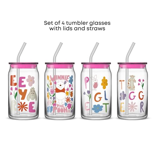 JoyJolt Disney Winnie the Pooh & Friends Flower Power Glass Tumblers with Lids and Straws, 16oz Glass Cups with Lids and Straws, Can Shaped Drinking Glasses Set of 4, Disney Gifts for Adults - style: Winnie the Pooh