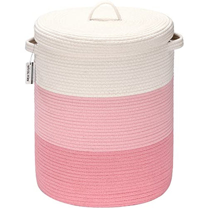 Sea Team Large Woven Cotton Rope Laundry Basket with Lid, 20 x 16 in | Collapsible Knitted Hamper with Handles, Lidded Closet Shelf Organizers for Clothing, Blankets, Toys, Bedding, Pink - color: White & Pink