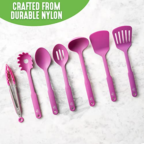 GreenLife Cooking Tools and Utensils, 7 Piece Nylon Set including Spatulas Turner Spoons and Tongs, Dishwasher Safe, Bright Pink - color: Bright Pink