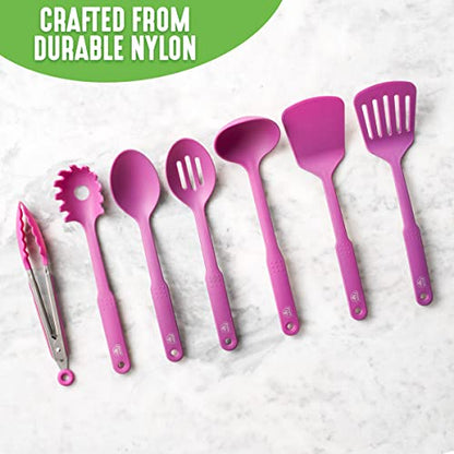 GreenLife Cooking Tools and Utensils, 7 Piece Nylon Set including Spatulas Turner Spoons and Tongs, Dishwasher Safe, Bright Pink - color: Bright Pink